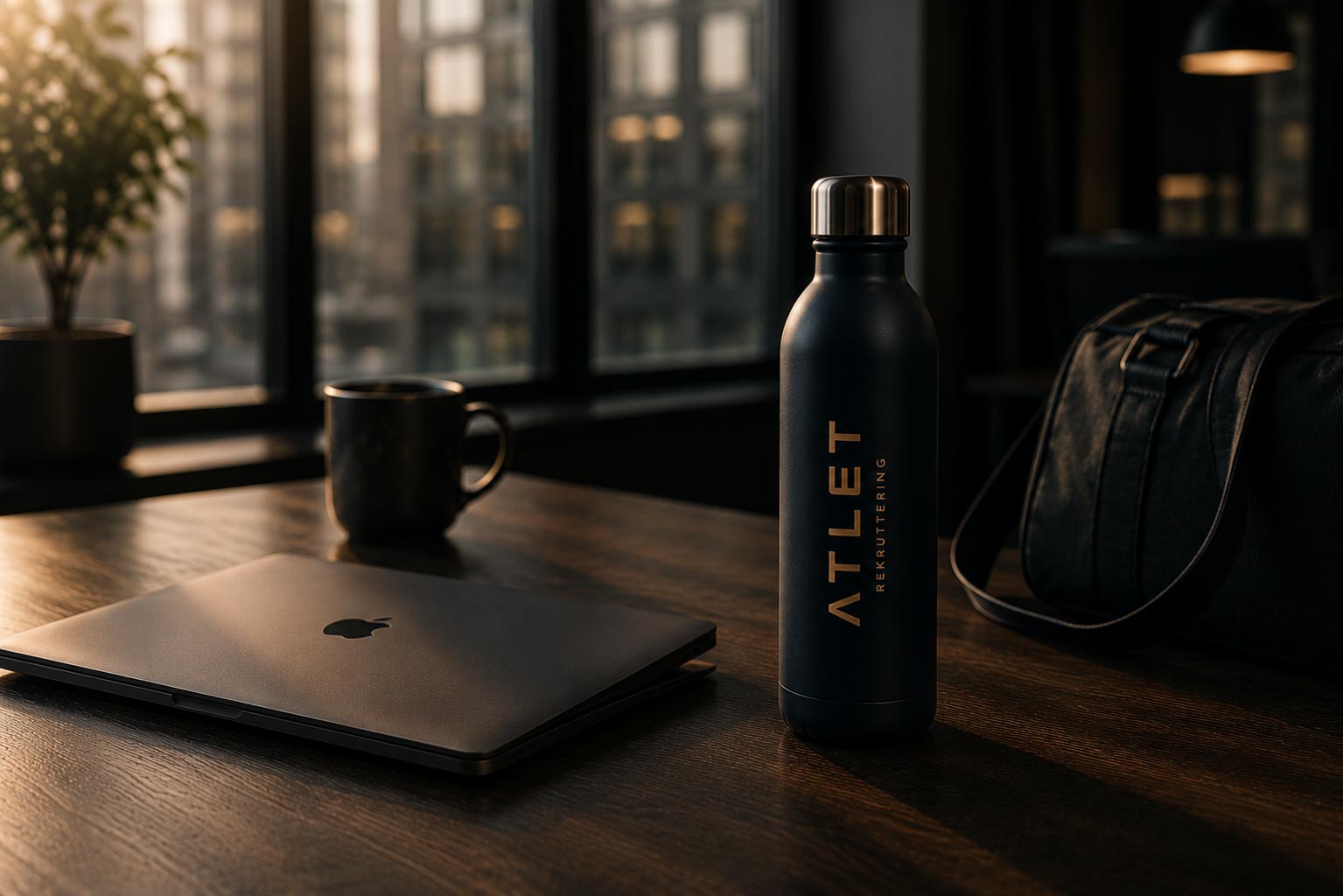 Atlet-flaske og gym bag på skrivebord i varmt kontorlys