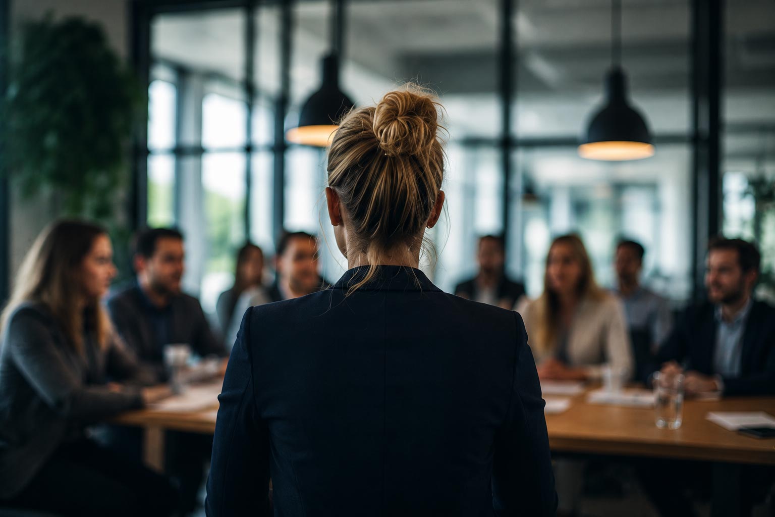 Kvinne som leder et møte på et kontor
